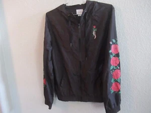 Empyre Red Rose Windbreaker Jacket Hooded BLACK Polyester Full Zipper Women's M - Picture 1 of 8