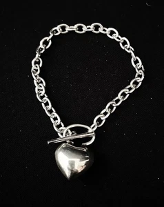 Puffed Heart Knebel Armband 925 Sterling Silber 7,5" Kette 3/4" Herz - Bild 1 von 5