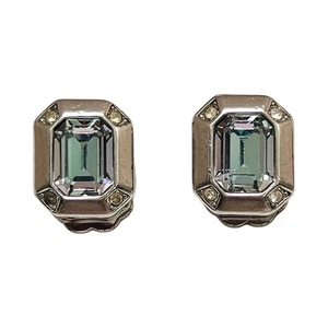 Christian Dior Earrings Silver Studs Square Aquamarine Blue Crystal Vintage 80s - Picture 1 of 5