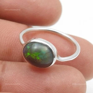 Women Gift Oval Black Opal Gemstone Solid Silver Band Bezel Ring Size J 1/2 - Picture 1 of 10