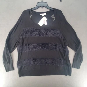 Sejour Women's Size 2X Sweater Faux Fur Striped Black Long Sleeve - Picture 1 of 14