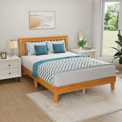 Wood Platform Bed Frame Solid Wood Foundation/Wood Slats Support with Headboard - Image 1 of 4
