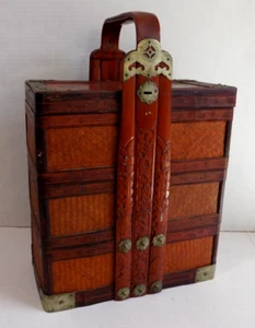 Antique Chinese Wedding Basket Locking Dowry Lock 3 Tier Bamboo Rattan Stack Box - Picture 1 of 17