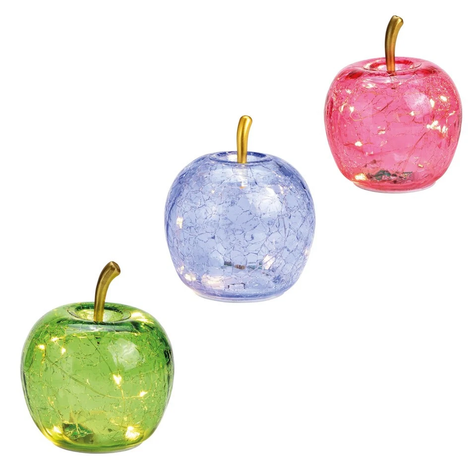 3er set LED Deko Apfel hellgrün-rosa-helllila  Glas 10er LED Timer  Lampe 11 cm - Bild 1 von 1