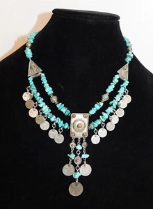 Ben-Anum Turquoise 2 Strand Coin Pewter Gold Necklace 19 inches - Picture 1 of 2