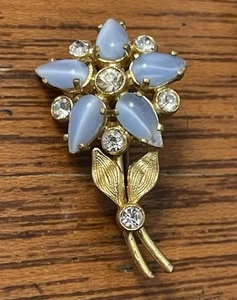 Vintage Czechoslovakia Flower Rhinestone & Blue Moonglow - Moonstone Brooch Pin - Picture 1 of 5