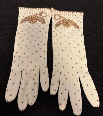 Vintage White Stretch Formal 8" Gloves 3D Beaded Flower Wings Gold Beaded New - Image 1 of 4
