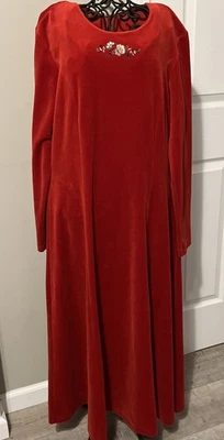 Vintage Lands’ End Red Velvet Velour Maxi Dress Medium Embroidered Floral - Image 1 of 4