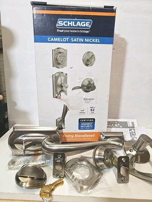 Palanca de acento Schlage Camelot níquel satinado monocilíndrico para puerta delantera Foto 1 de 4