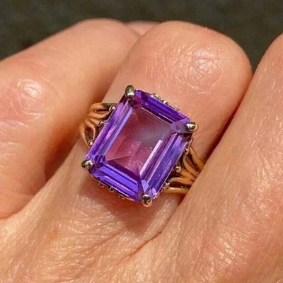 3Ct Emerald Cut Lab-Created Amethyst Engagement Ring 14k Yellow Gold Plated - Image 1 of 3