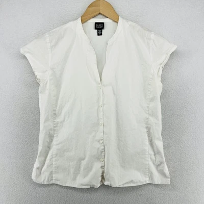 EILEEN FISHER Top S Camisa Algodón Popelina Mandarina Botón Frontal Manga Gorra Blanca Foto 1 de 4