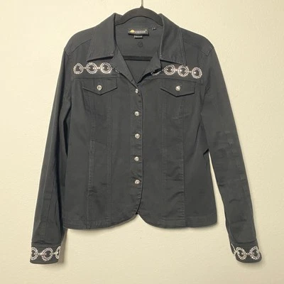 Chaqueta grande de mezclilla negra Christine Alexander estrás Western Statement Crysta Foto 1 de 4