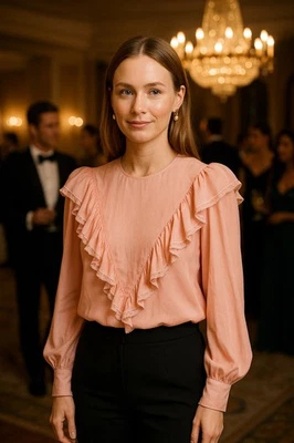 Blusa de encaje con volantes de seda J.ING para mujer pequeña ballet rosa morera seda gasa Foto 1 de 4