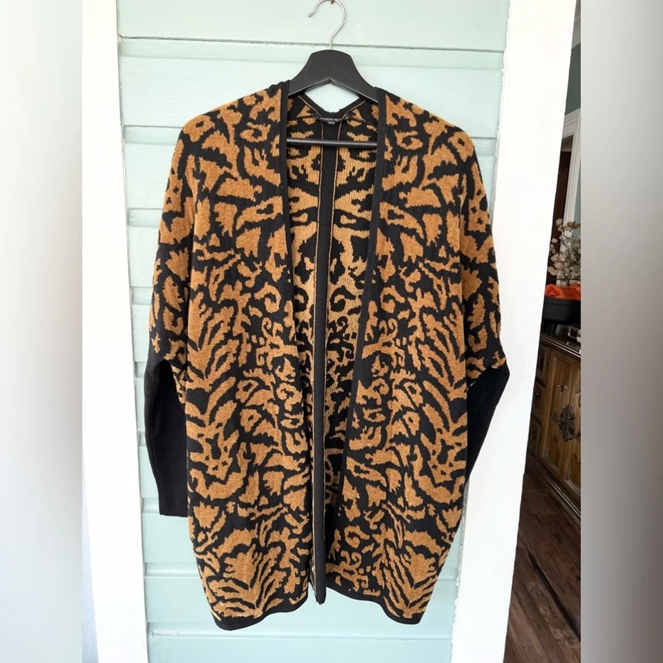 Cardigã Lafayette 148 S estampa animal mistura de lã chenille preto bronzeado outono quente - Imagem 1 de 4