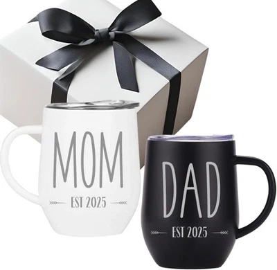 Pregnancy Gift Est 2025- Mom and DAD 2025 ENGRAVED 12 oz, Black/White  - Image 1 of 4
