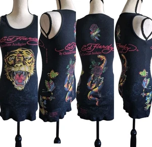 Vintage Ed Hardy Tank Top Mini Dress One Size y2k 90s 2000s Tiger Butterflies - Picture 1 of 8
