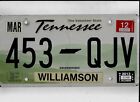 TENNESSEE passenger 2012 license plate "453 QJV" ***WILLIAMSON***