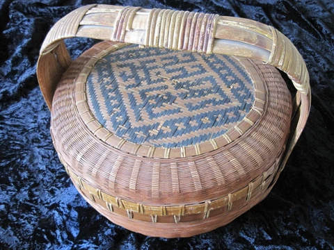 Chinese Sewing Basket w Handle Antique Old Signed Cover