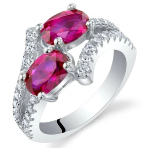 Lab-Created Ruby Sterling Silver Two-Stone Ring Sizes 5 to 9 - Picture 1 of 2