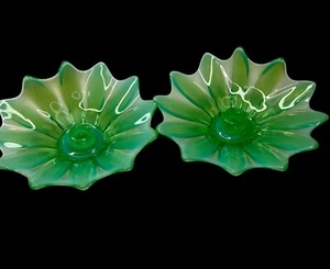 2er Set Vintage Opalisierte Fostoria Erbstück Grün Kunstglas Blume Kerzenhalter - Bild 1 von 24