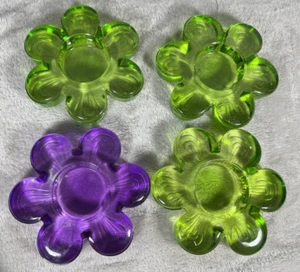 70s 80s 4X Flower Art Glass Candleholder Votive Holder Green Purple Vtg - Picture 1 of 8