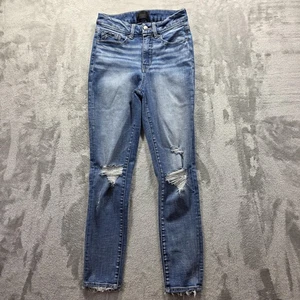 Pantalones de mezclilla negros con hebilla para mujer 26x27 azul ajuste n.º 35 tobillo ajustados desgastados dobladillo crudo - Imagen 1 de 10