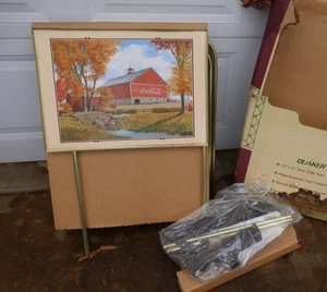 Vintage Quaker TV Trays Tray Tables Scenic Coke Coca Cola Set 4 w Stand Unused - Picture 1 of 11