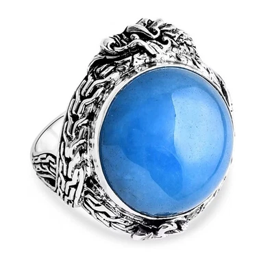 Bali Legacy 17.80ctw Blue Jade Dragon Flower Filigree Sz6 Ring Sterling Silver  - Image 1 of 4