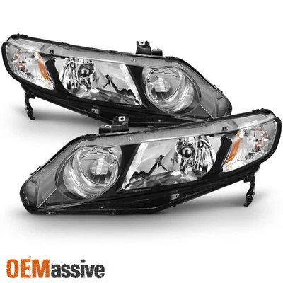 Fit 2006-2011 Honda Civic 4 Doors Sedan Left+Right Black Replacement Headlights - Image 1 of 4