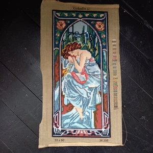 Arazzo vintage punto ago cucito a mano senza cornice art nouveau donna arazzo - Foto 1 di 2