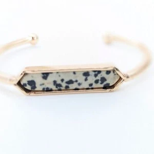 Dalmatian Jasper Cream Gold Tone Oblong Slip on Cuff Bracelet - Picture 1 of 3