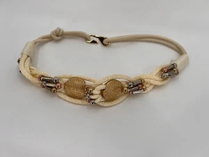 Vintage Braided Rope Beaded Medallion Sash Belt MEDIUM Gold Silver Ivory 80s - Picture 1 of 9