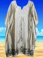 Womens Short Kaftan Dress, Silken Ivory Crème Gray Kimono Kaftan Dress  L-4XL