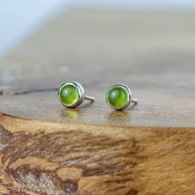 Natural Peridot Round Cabochon Gemstone 925 Sterling Silver Women Stud Earrings - Image 1 of 4
