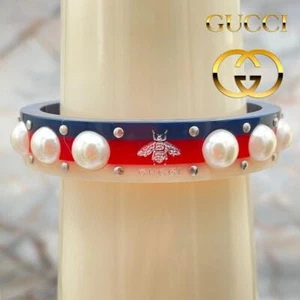GUCCI Cuff Bracelet Bangle Blue/Red Resin Faux Pearl Bee XS Inner Dia.: 2" - Picture 1 of 11