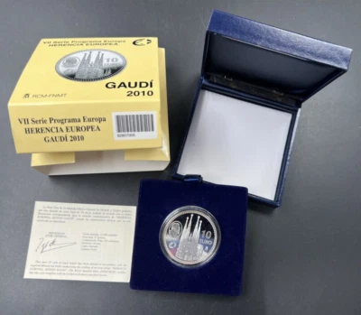 Moneda de 10 euros España 2010 prueba plata Antoni Gaudí en caja con certificado de autenticidad Foto 1 de 4