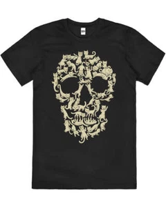 Catskull Cat Skulls Pattern Pet Dark Cool Cotton T-Shirt Unisex Tee Black Size L - Picture 1 of 2