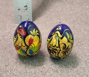 Juego de 2 huevos rusos primitivos azules vintage con motivo de gallo pintados a mano - Imagen 1 de 7