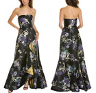 Marchesa Notte Floral-Metallic-Print Strapless Jacquard Gown Black  Sz 12  $1095
