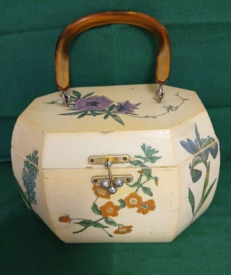 Libro de bolsillo Decoupage de los años 70 madera de petunia púrpura/laminado con mango 10"x7"x6" Foto 1 de 4