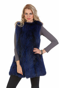 Real Genuine Fox Fur Vest Long Gilet for Women - Royal Blue Cardigan Collar