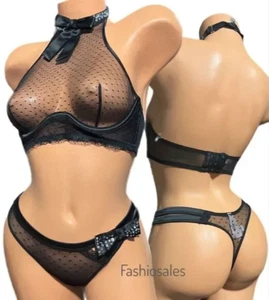 Set reggiseno e perizoma Victoria's Secret Dream Angels Bling fiocco collo alto rete - Foto 1 di 3