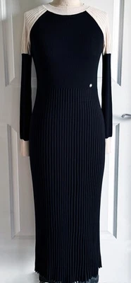 VESTIDO MIDI CHANEL 19B NEGRO BEIGE LOGOTIPO CC LANA ACANALADA PUNTO 40 Foto 1 de 4