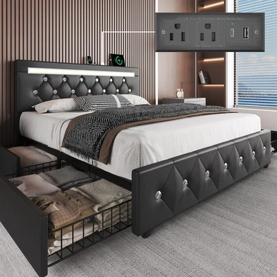 Upholstered Full Queen Bed Frame with Charging and LED Headboard, 4 Drawers - Image 1 of 4