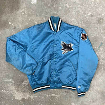 Винтажная стартовая куртка NHL San Jose Sharks атласный бомбардировщик большая сделано в США искусственно состаренная - Изображение 1 из 4
