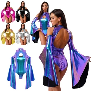 Women's Shiny Metallic Bodysuit Romper Disco Hippie Jumpsuit Performance Costume - Picture 1 of 53