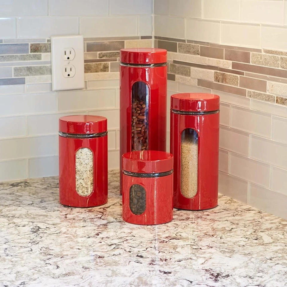 Food Storage For Dry Goods 4 Piece Set Multi size Red Canisters Anchor Hocking - Image 1 of 1