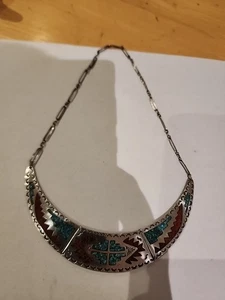 Antique Handmade Silver Necklace  43g With Inlade Torquise. S5 - Picture 1 of 9