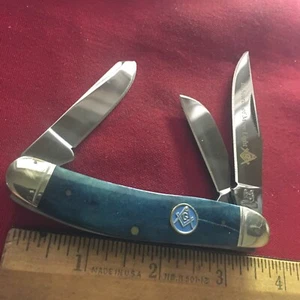 ROUGH RIDER  6339 SOWBELLY   KNIFE RYDER FREEMASONRY BLUE BONE TIN KDU - Picture 1 of 7