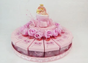 Kuchen Bonboniere 18 transparente Scheiben mit 1 zentralen Kinderwagen Mädchen Taufe - Bild 1 von 3